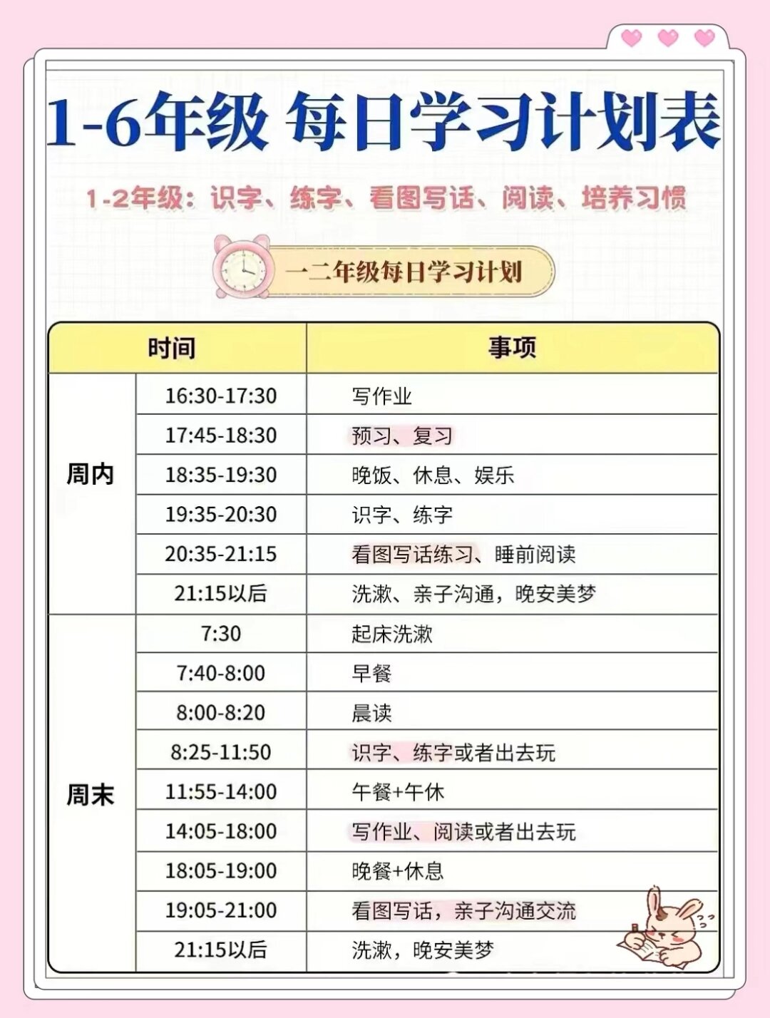 1-6年级,每日学习计划表!