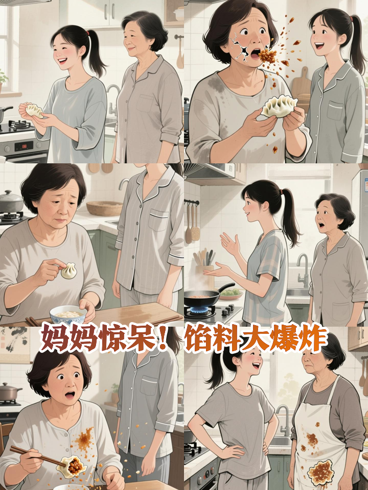 女儿包饺子馅料多到惊呆妈妈