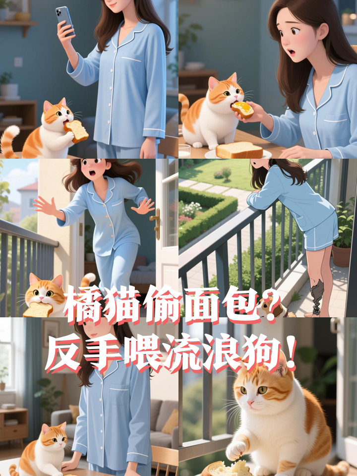 橘猫偷咬佩奇面包,转身竟分给流浪狗!