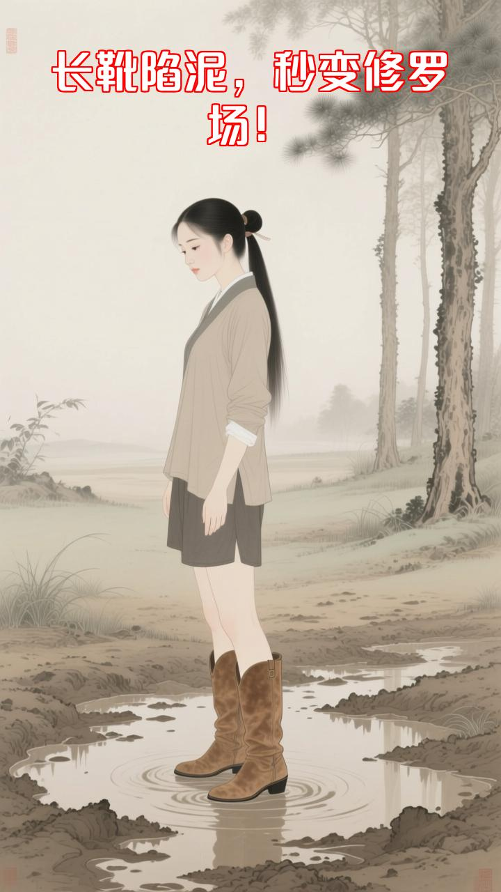 美女穿万元长靴踩泥坑，下一秒竟拽出个活人