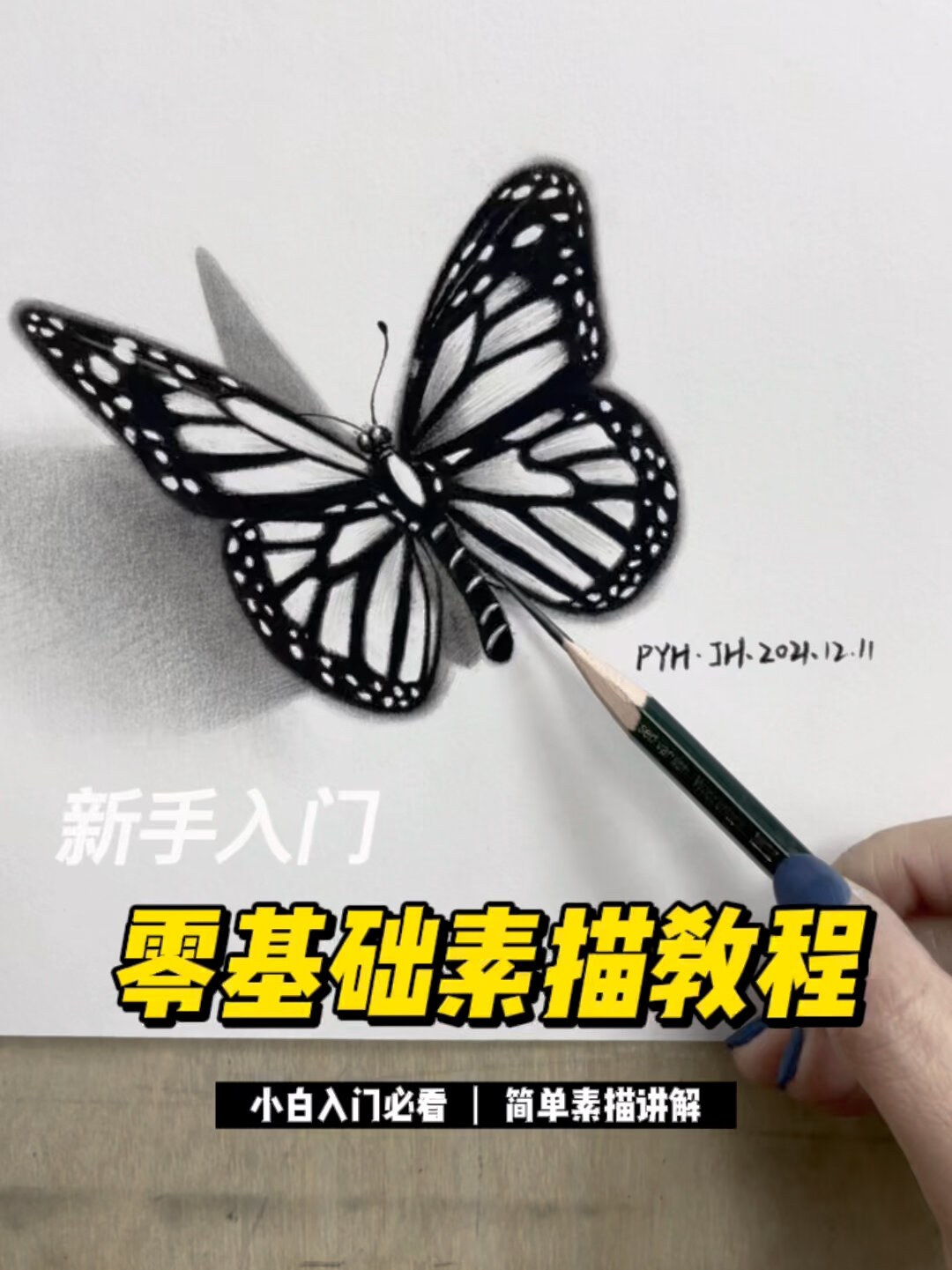 「素描新手教程」两分钟学会素描蝴蝶