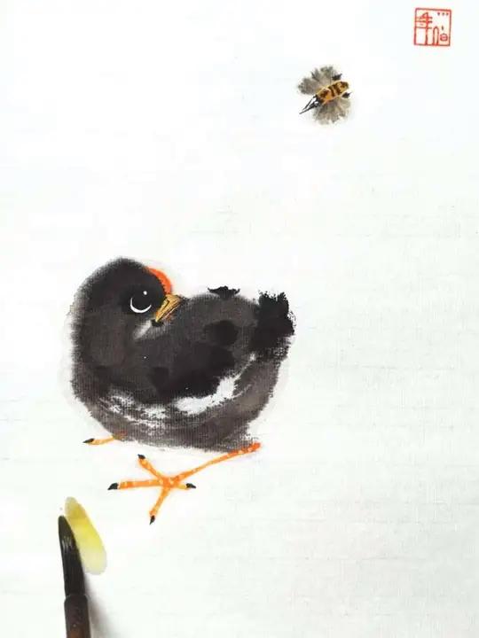 一笔画小鸡 水墨小鸡和蜜蜂,温馨又甜蜜
