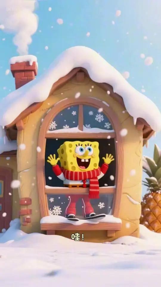 下雪了,海绵宝宝章鱼哥派大星一起滑雪儿童动画片电影