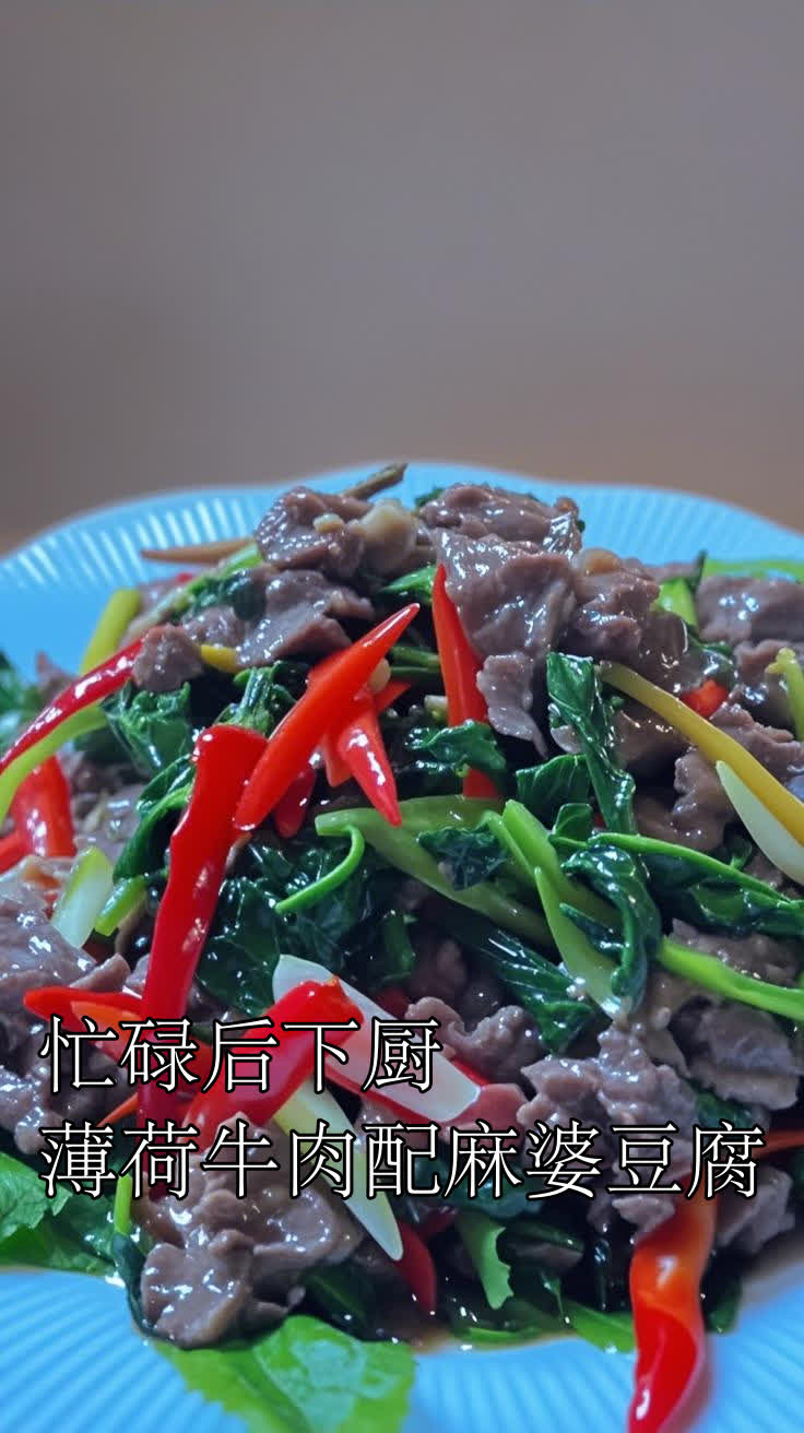 忙碌后下厨,薄荷牛肉配麻婆豆腐