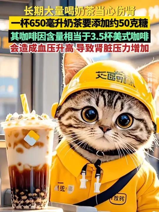长期大量喝奶茶当心伤肾!一杯650毫升奶茶默认要添加约50克糖,其咖啡因含量相当于3.5杯