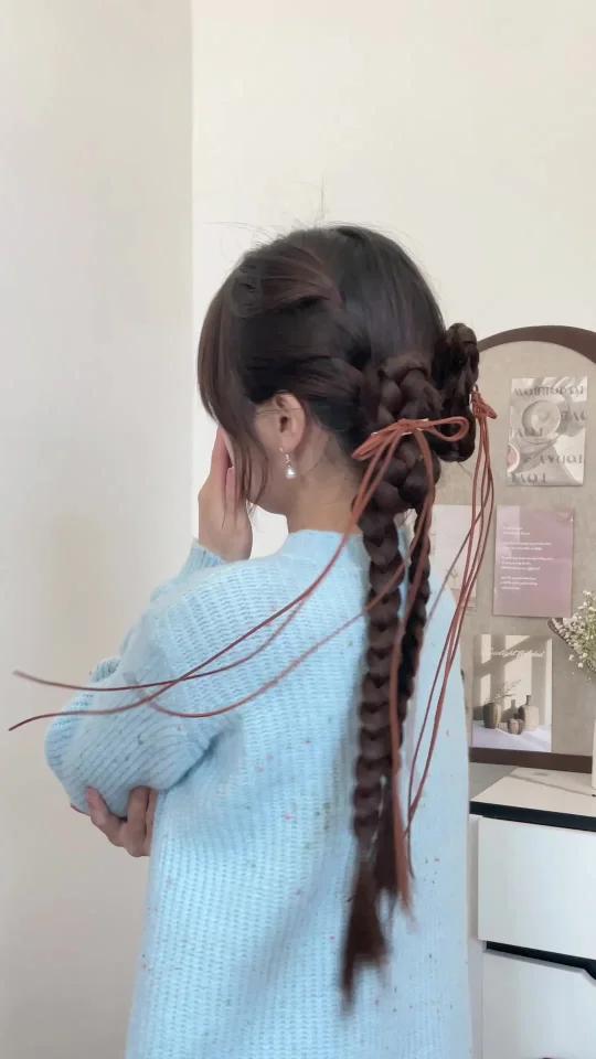 方圆脸甜酷少女风双蝴蝶结丝带编发