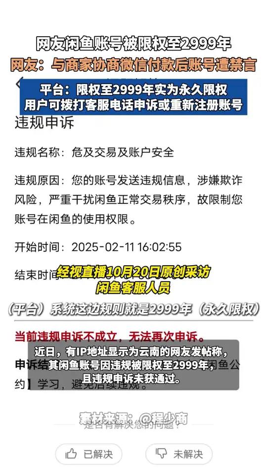 网友闲鱼账号被限权至2999年,称其协商微信付款后账号遭禁言 平台:限权至2999年实为永