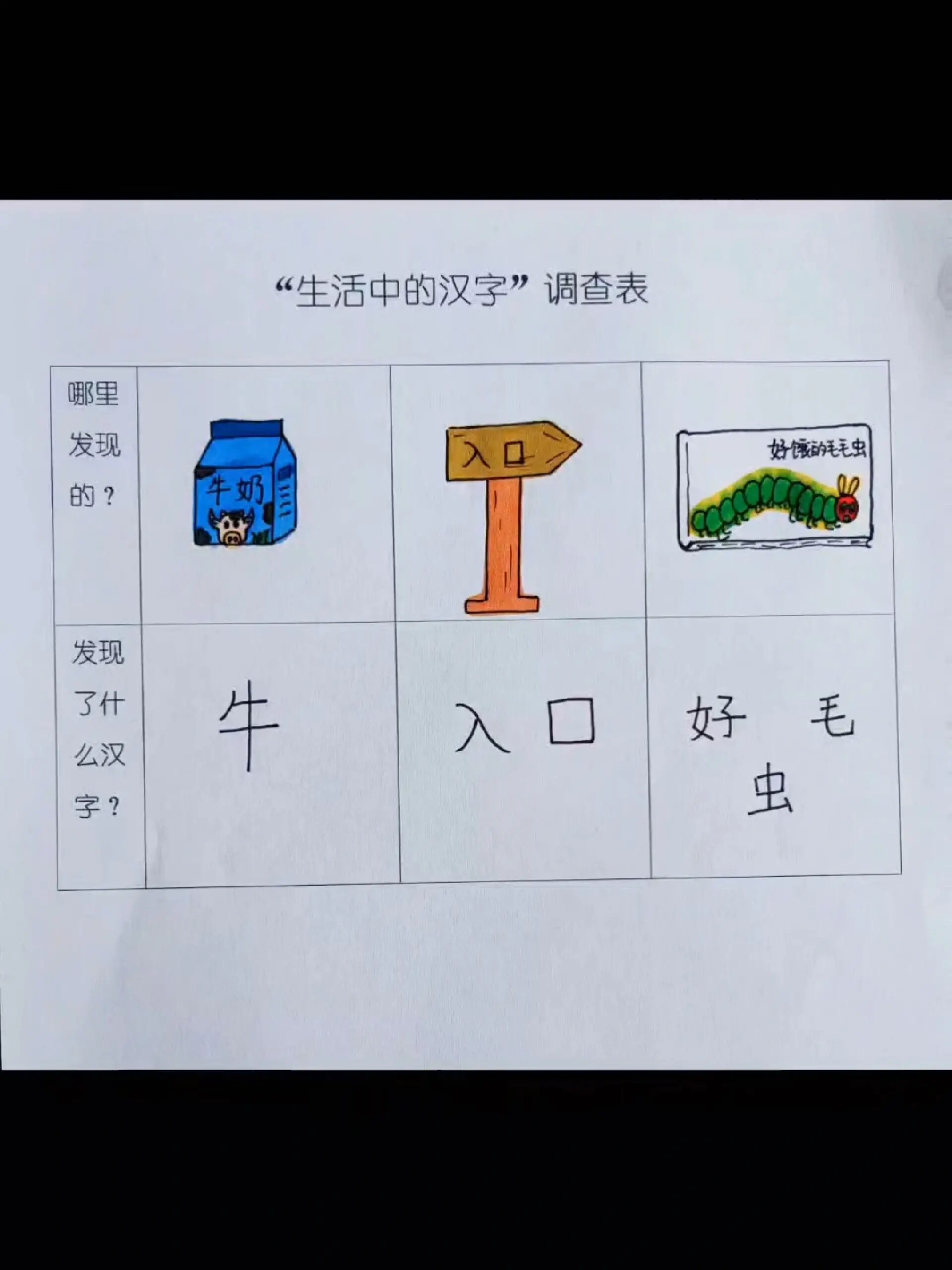 幼儿园作业——“生活中的汉字”调查表