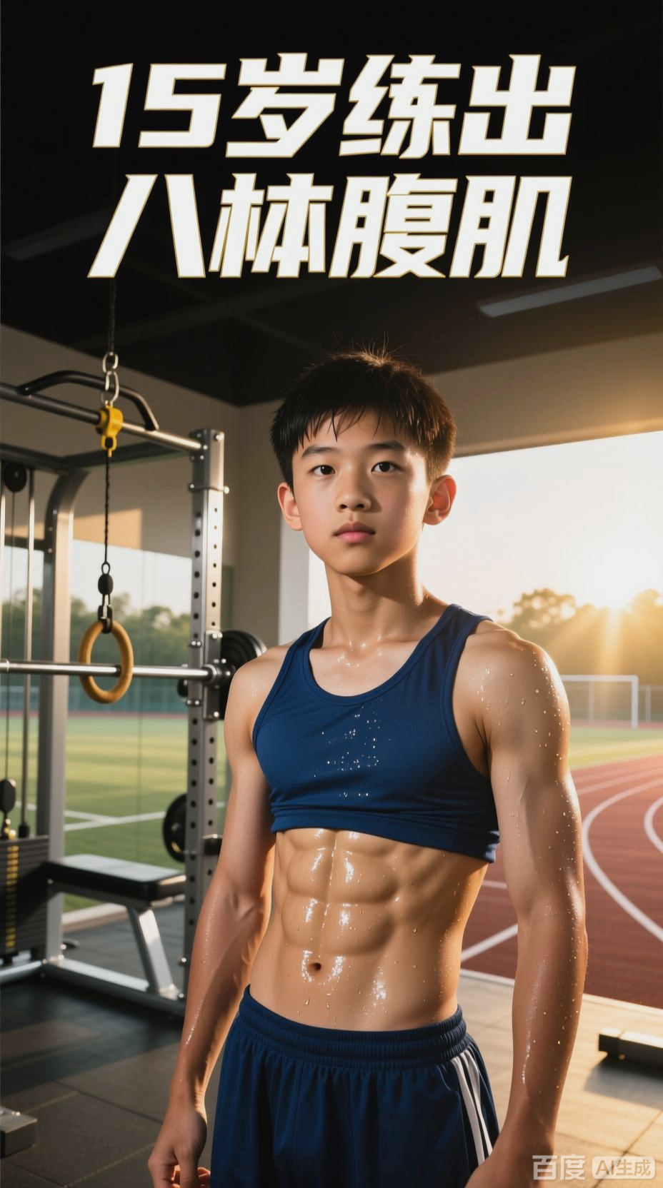 15岁男孩的8块腹肌展示