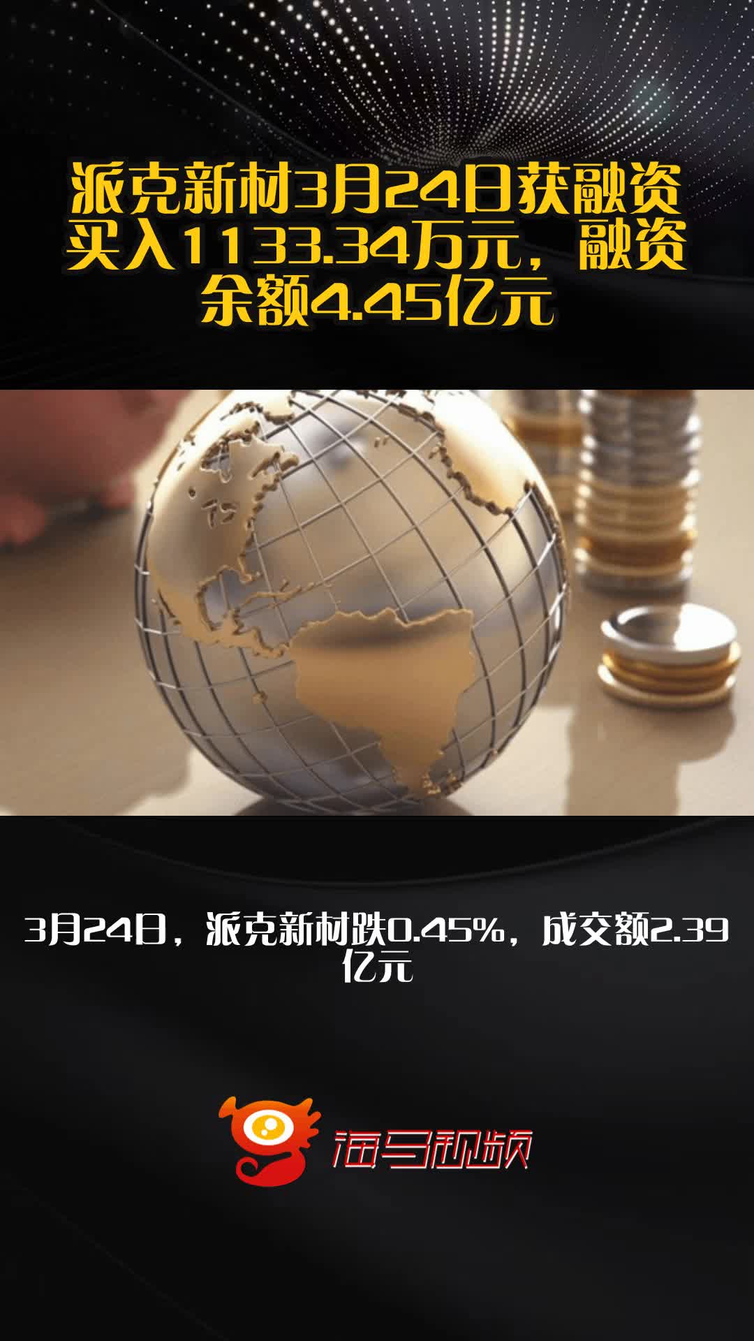 派克新材3月24日获融资买入1133.34万元，融资余额4.45亿元