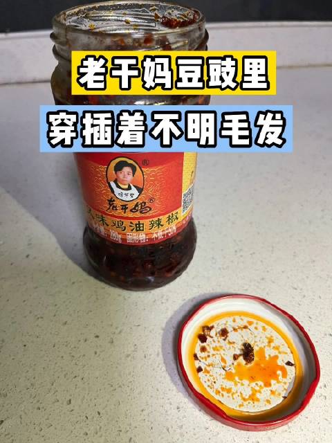 「老干妈豆豉里插着毛发」黑猫摇摇铃 来自安徽合肥的刘先生,购买了一瓶老干妈风味鸡油辣椒酱。