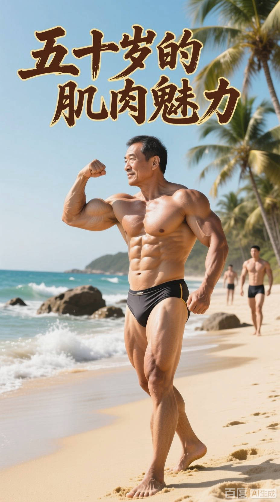 中年男性肌肉之美，海岛风情展示