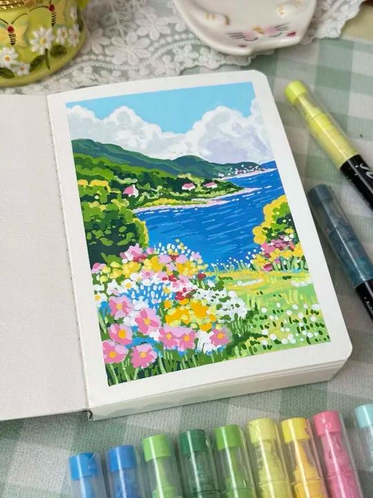 简单风景画｜挑战成为绘画博主的第106天 简单的夏日风景画！快来一起画，欢迎交作业呀！素材