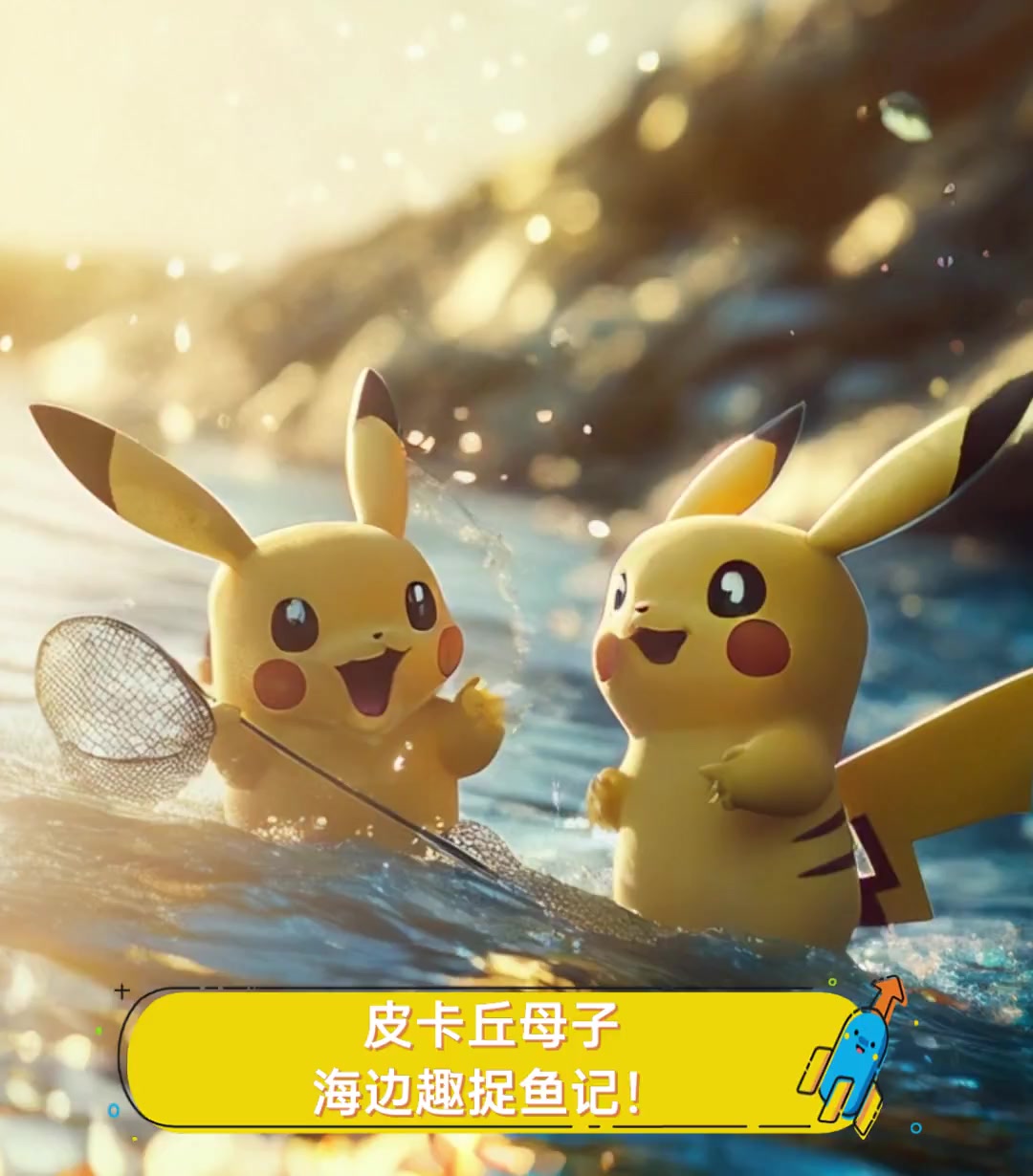 皮卡丘母子,海边趣捉鱼记!