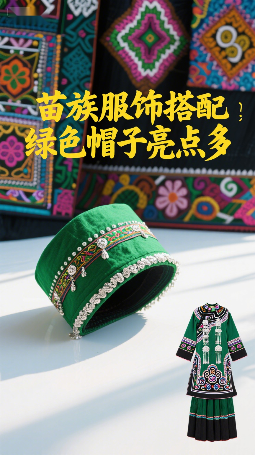 苗族服饰搭配,绿色帽子亮点多
