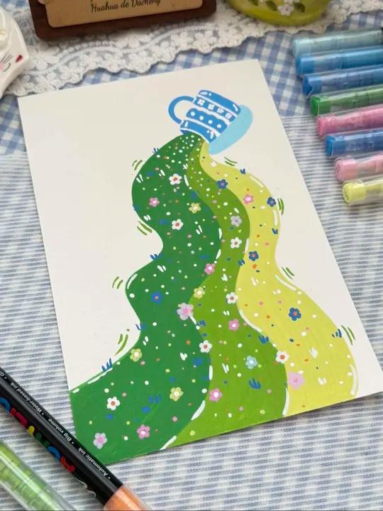一分钟简笔画|挑战成为绘画博主的第105天 分钟速画治愈系花海～春日流水简笔画超级简单!宝