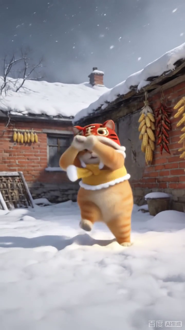 虎帽橘猫雪地搞怪
