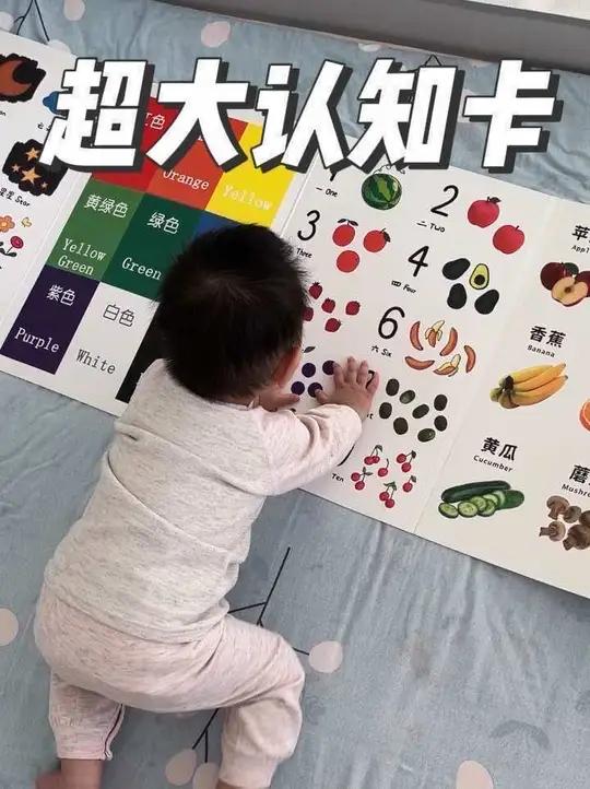 早起的宝宝爱学习,超大认知卡还带镜子,让宝宝认识水果蔬菜数字颜色