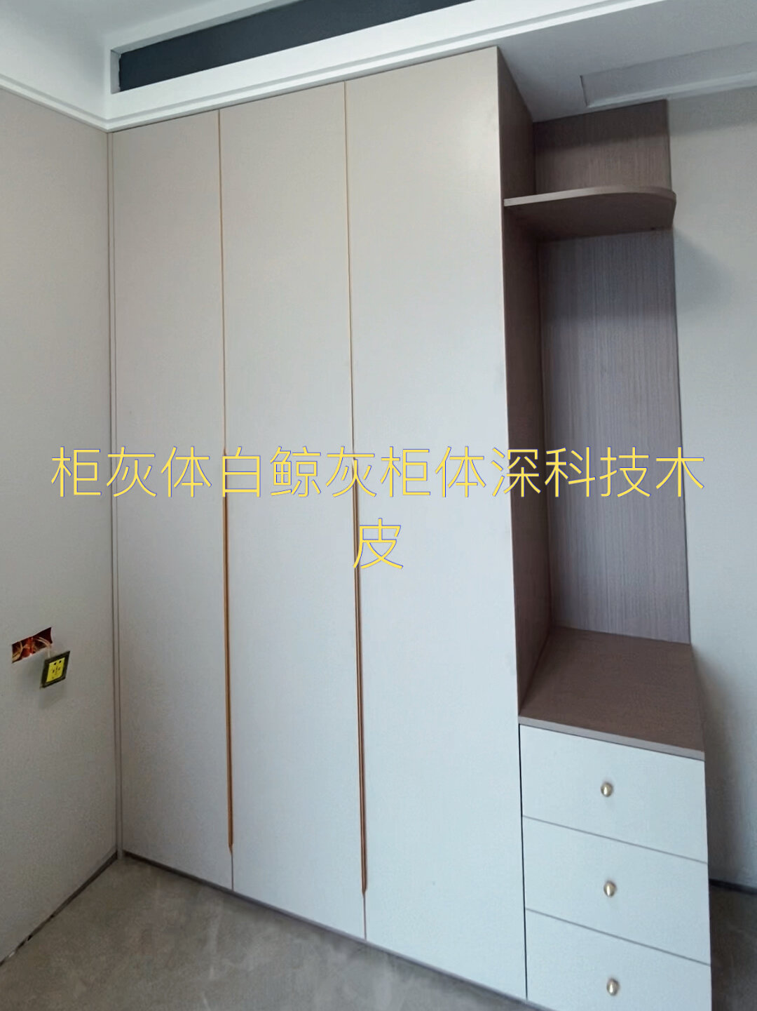 衣柜颜色。柜门白鲸灰柜体深科技木皮