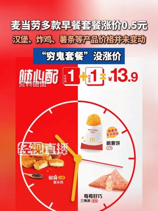 麦当劳多款早餐套餐涨价0.5元