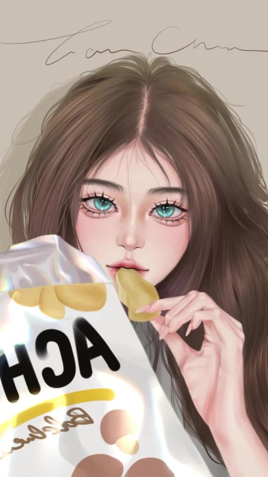 吃薯片的小女孩画画过程超解压