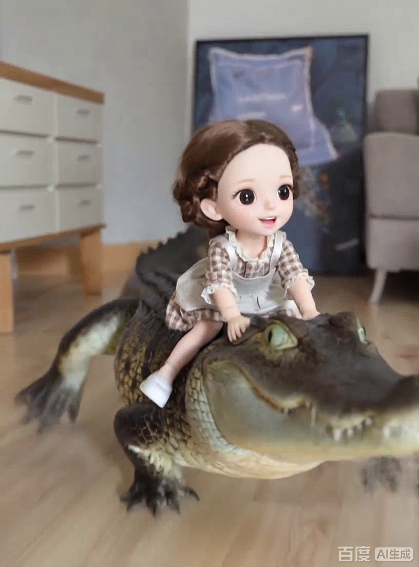 #AI骑万物# 娃娃骑鳄鱼逛客厅