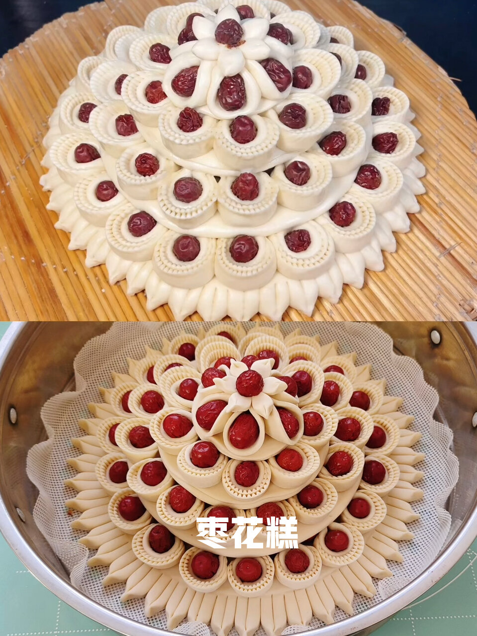 过年农村这样蒸枣花糕,满满的红枣,好看喜庆