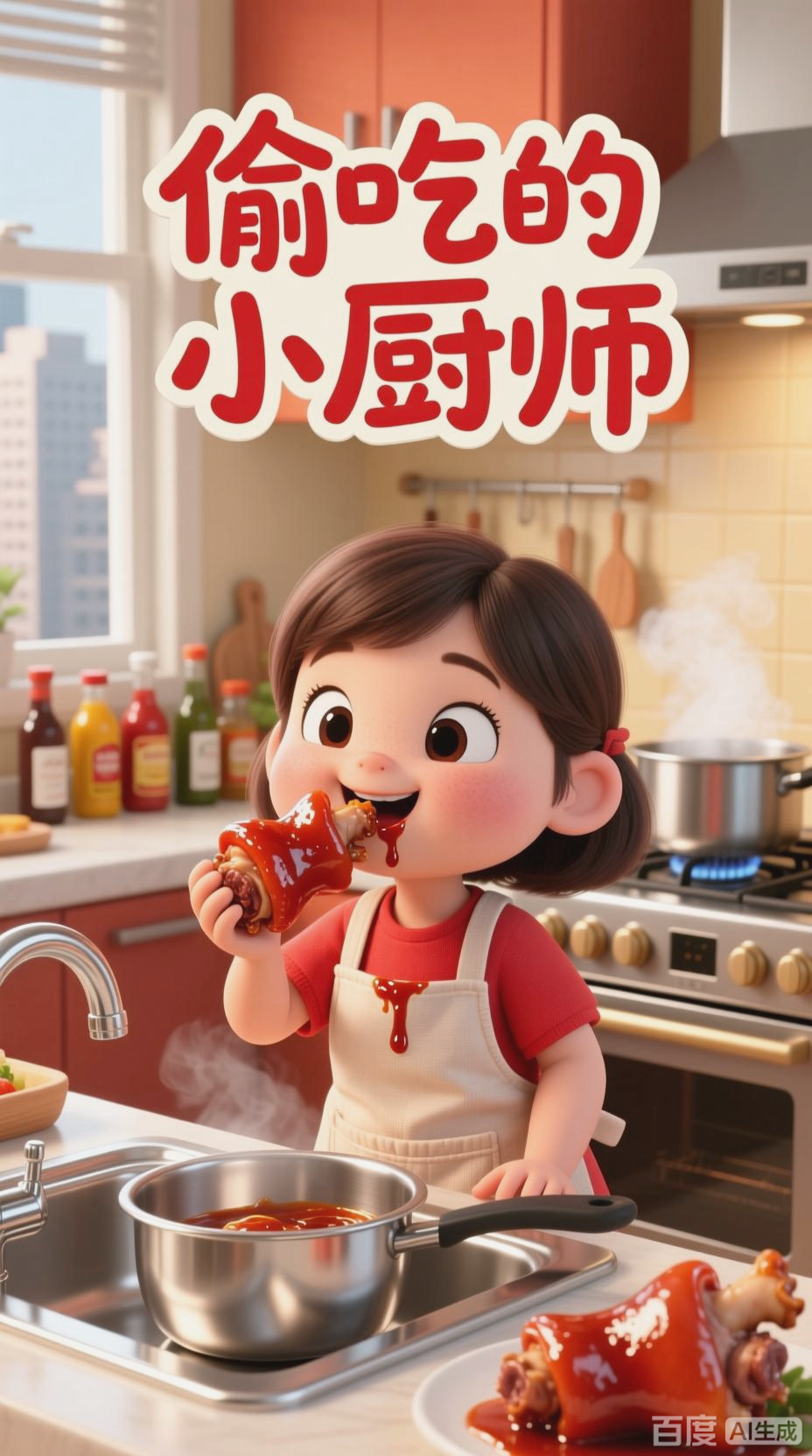 小女孩炒菜偷吃红烧猪蹄