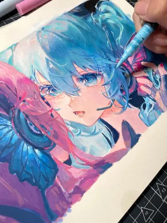 又是试图驯服丙烯马克笔的一天 画画手绘丙烯马克笔初音未来巡音流歌原图画师：抹茶