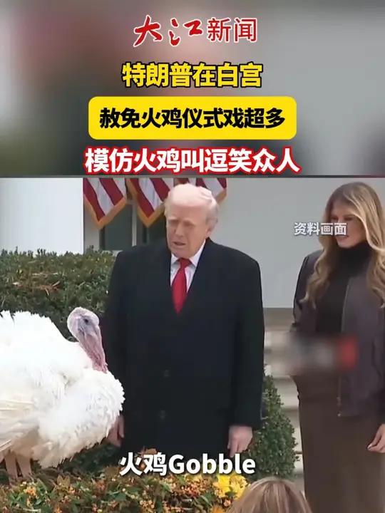 特朗普赦免火鸡仪式戏超多,模仿火鸡叫逗笑众人