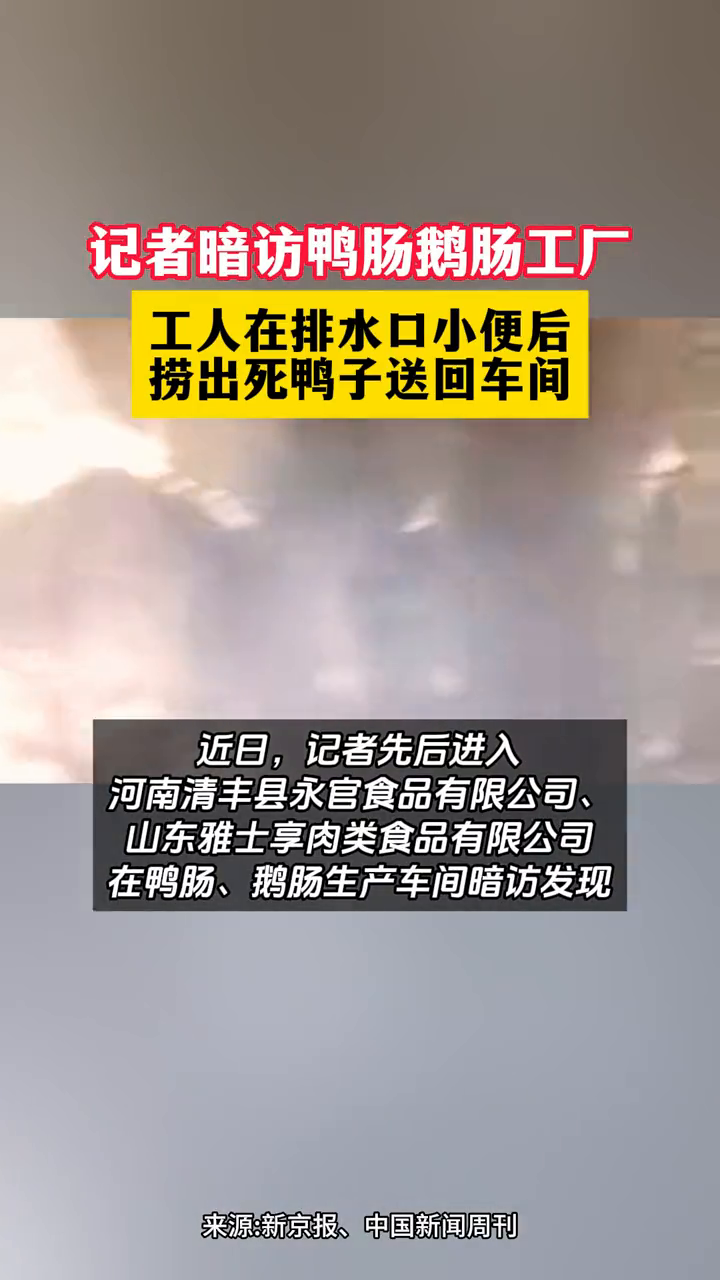 记者暗访鸭肠鹅肠工厂,工人在排水口小便后捞出死鸭子送回车间