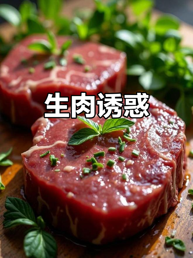 诱人的生肉块，未煮的牛排令人垂涎