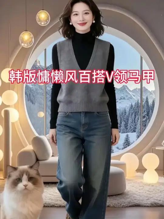 韩版慵懒风时尚百搭V领针织马甲 2025新款宽松显瘦清冷洋气百搭马甲背心外套