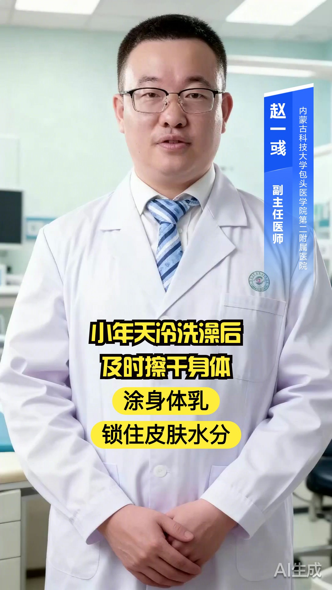小年天冷洗澡后，及时擦干身体，涂身体乳，锁住皮肤水分