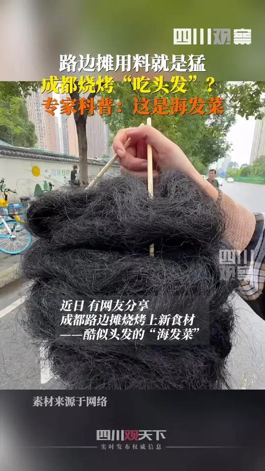 一看吓一跳!成都路边摊烧烤吃头发?10月21日,专家解惑:此“头发”非彼头发,只是海发菜。