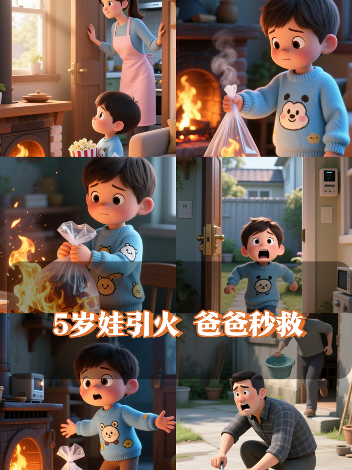 云南5岁男孩不慎将爆米花袋子点燃，随后将爆米花和袋子放在桌上，火势越来越大，男孩在院内喊爸