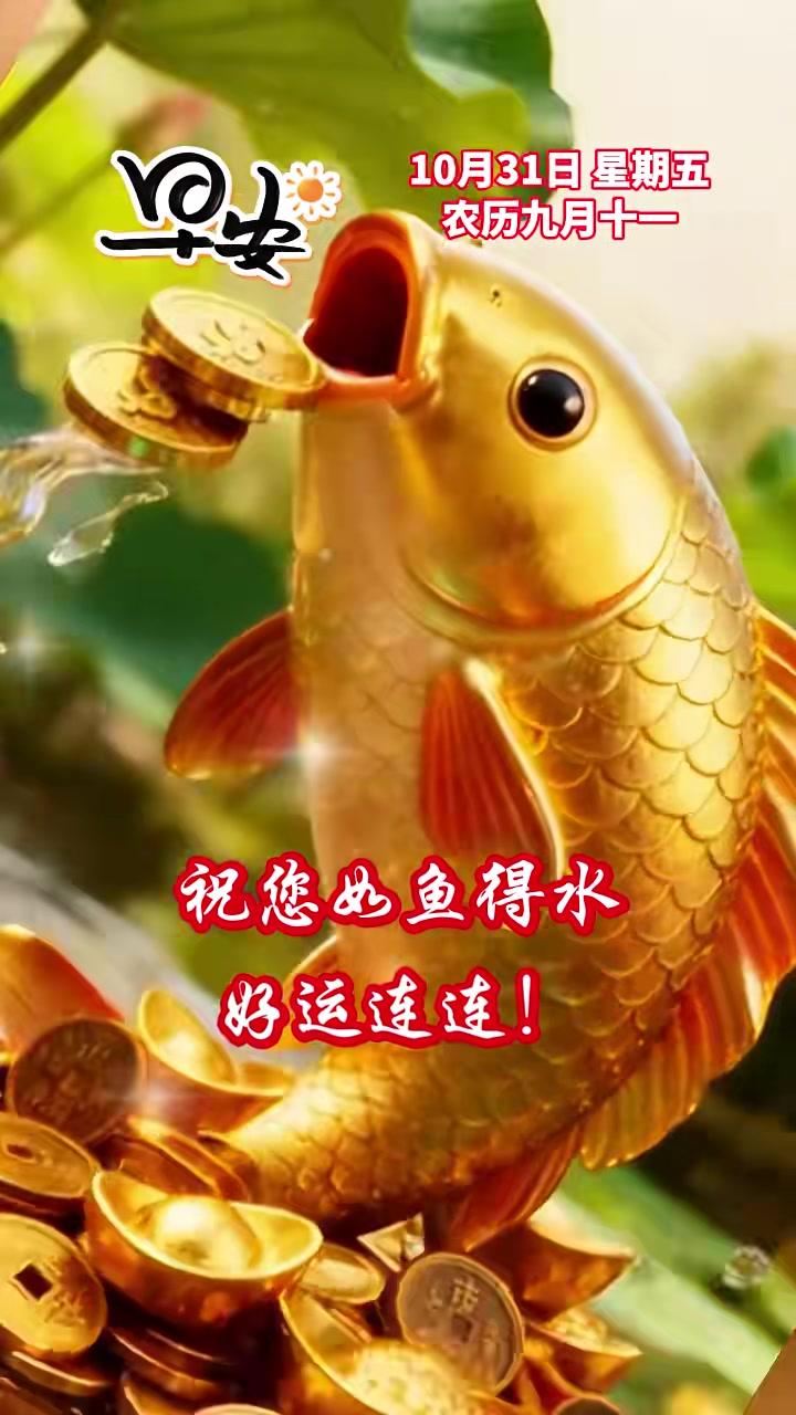 早安10月31日,星期五,祝您如鱼得水,好运连连。财源广进,福气满满。愿锦鲤常伴左右。祝福
