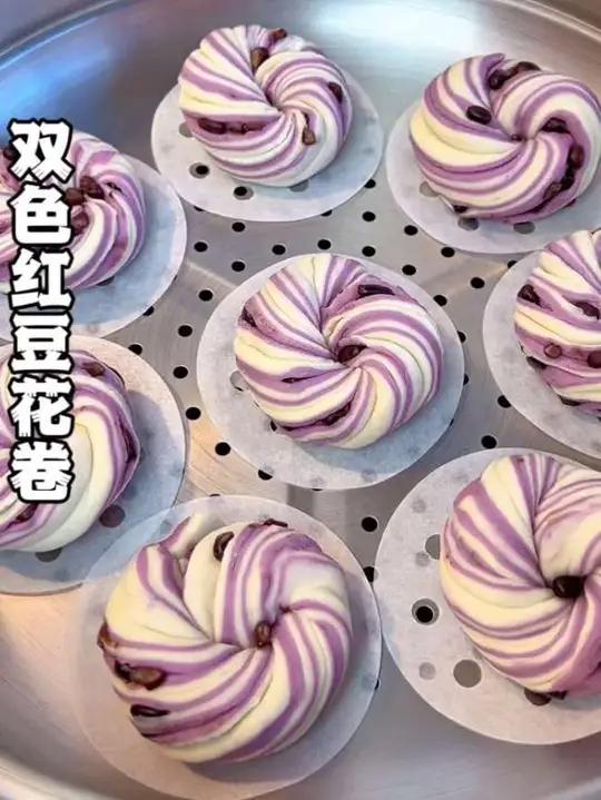 双色蜜豆花卷的做法,松软香甜好看好吃#花样馒头#面食分享 #紫薯馒头 #红豆花卷