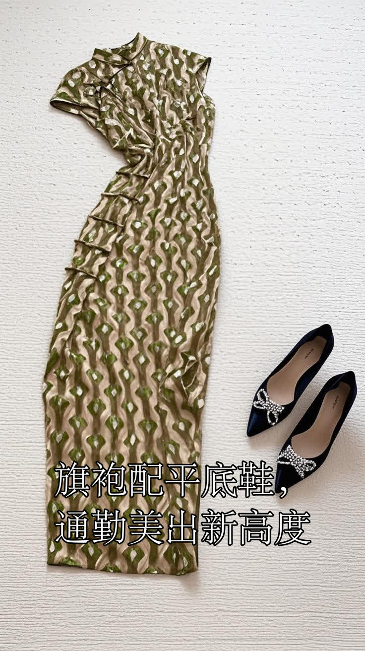 旗袍配平底鞋,通勤美出新高度