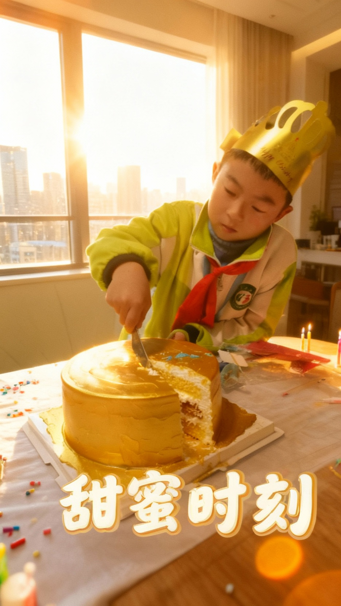 小男孩切黄金蛋糕的欢乐时刻