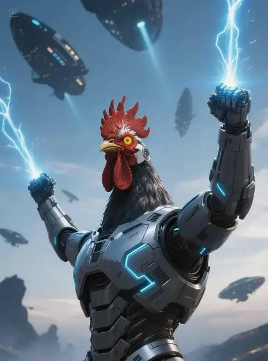 公鸡型机甲战士:双拳施展雷电之束 低角度环绕仰拍长镜头,锚定机械公鸡核心,镜头以呼吸节奏绕