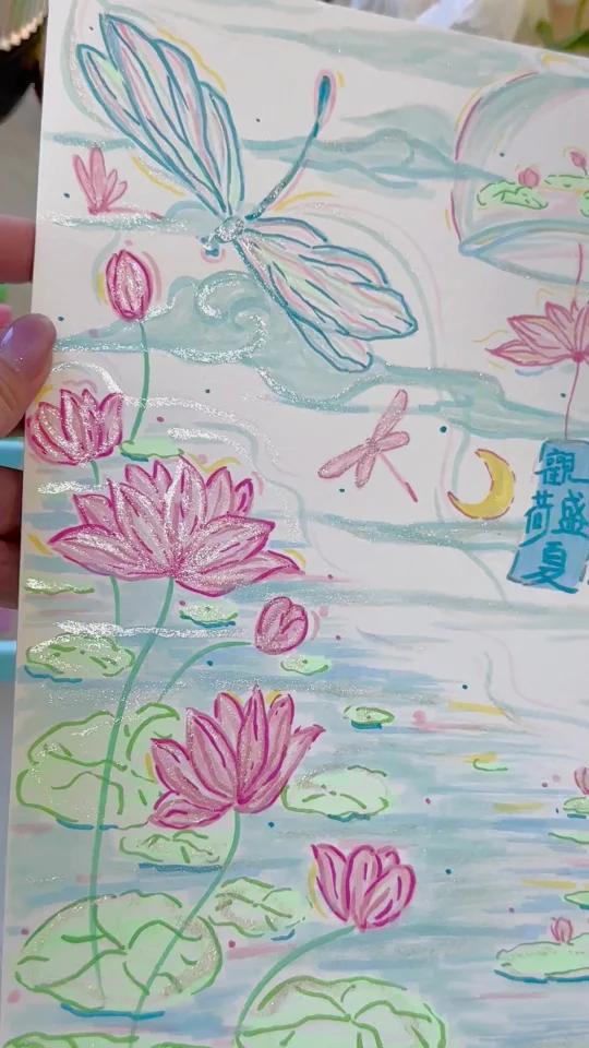 纯享沉浸式速画丙烯马克笔荷花满园