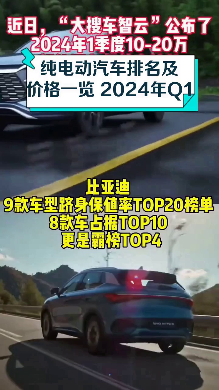 纯电动汽车排名及价格一览 2024年Q1