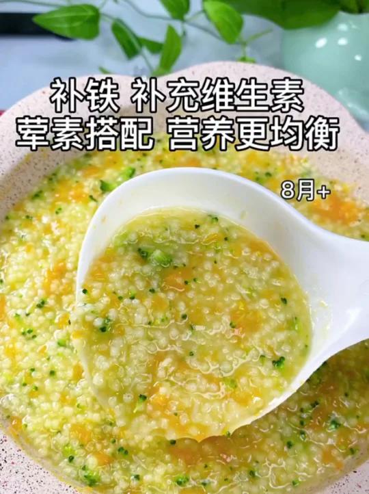 8月龄辅食:蔬菜瘦肉粥,荤素搭配营养均衡
