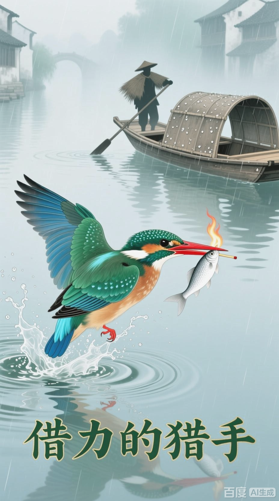 翠鸟搭船捕鱼，自然之美