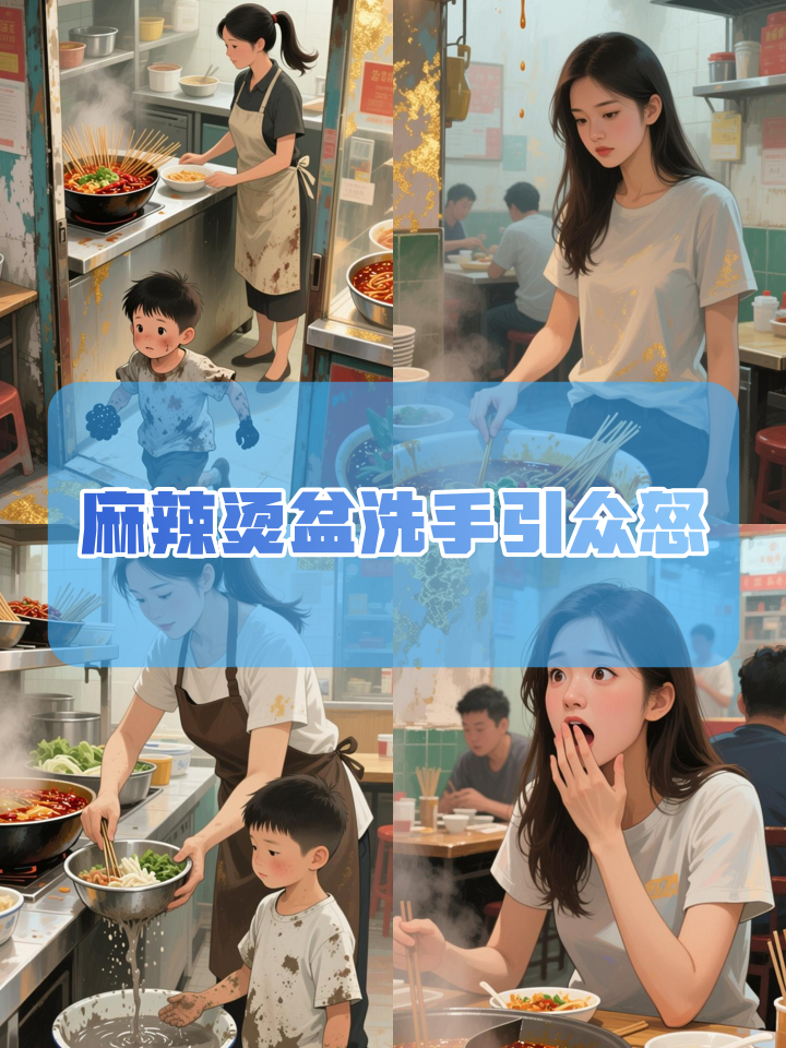 麻辣烫店员用选菜盆给孩子洗手
