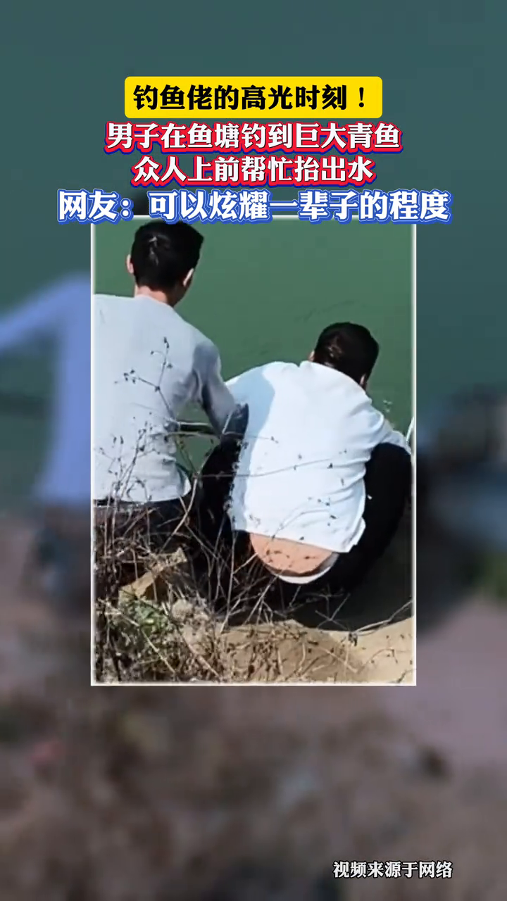 男子在鱼塘钓到巨大青鱼,众人上前帮忙抬出水