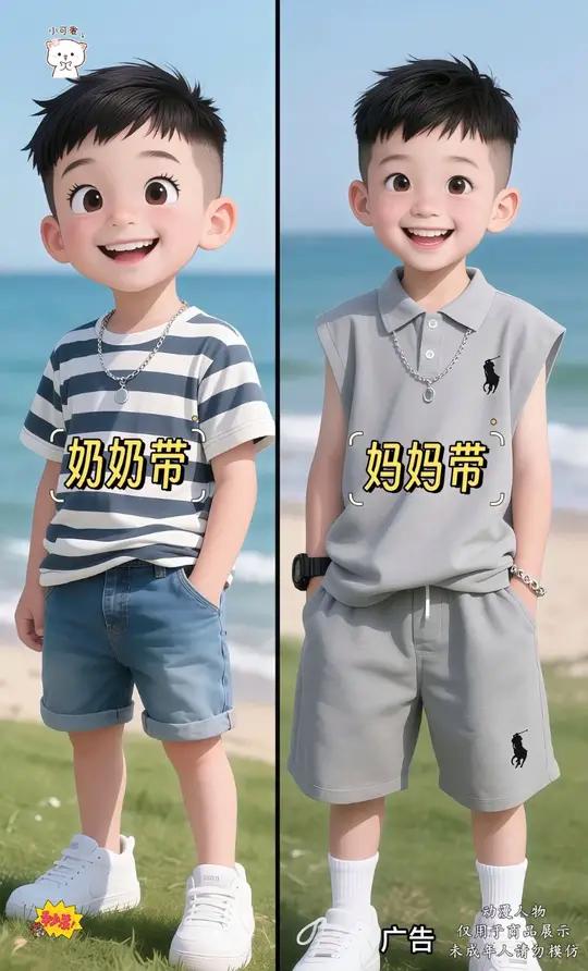 海滨足球小将。阳光洒满海滨草地,小男孩身着2025新款无袖套装,浅灰色POLO衫搭配同色短