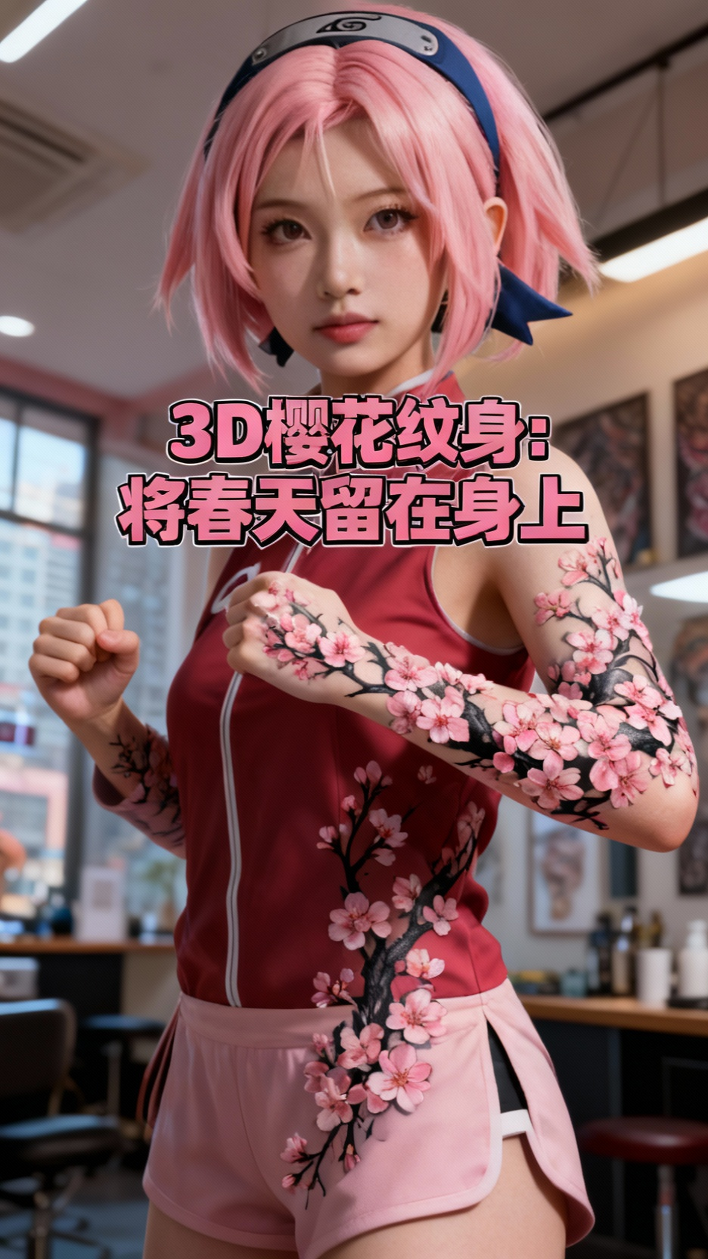 3D樱花纹身，手臂与手掌的完美融合