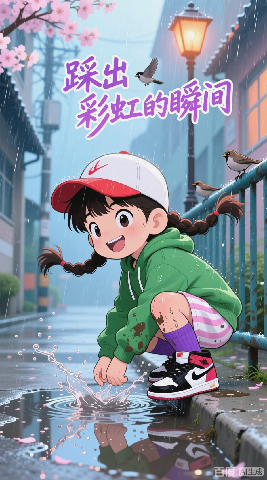 Q版灌篮风，雨中踩水花的小男孩